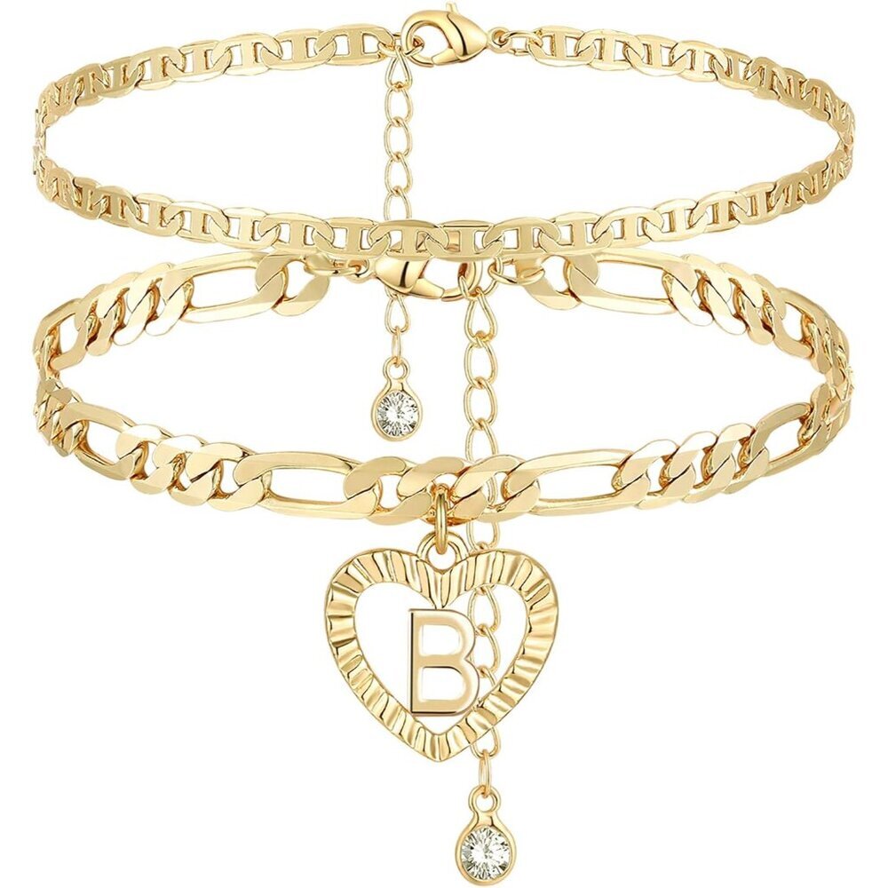 Initial Ankle Bracelets for Women 14K Gold Plated Layered Figaro Chain Letter In
